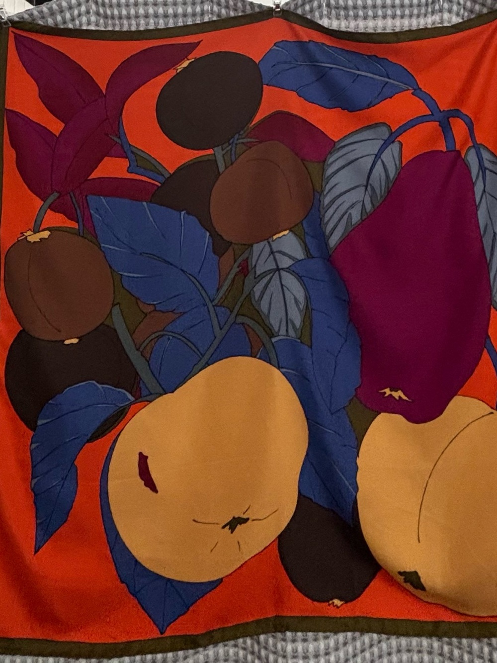 Vintage Gucci Silk Scarf Fruit Botanical Peach Fig Print Orange Olive Green 27"